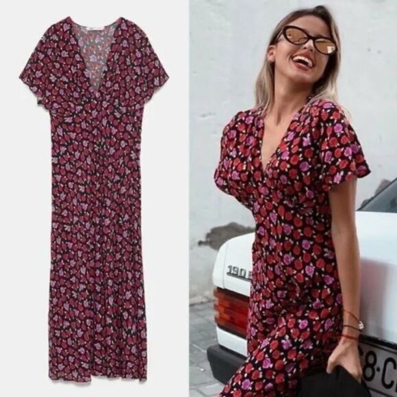 Zara Pink & Red Floral Short Sleeve A-Line Maxi Dress XS - Picture 1 of 7